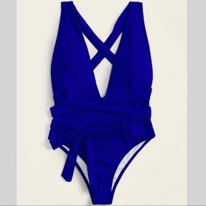 Blue Deep Plunge One Piece Swimsuit